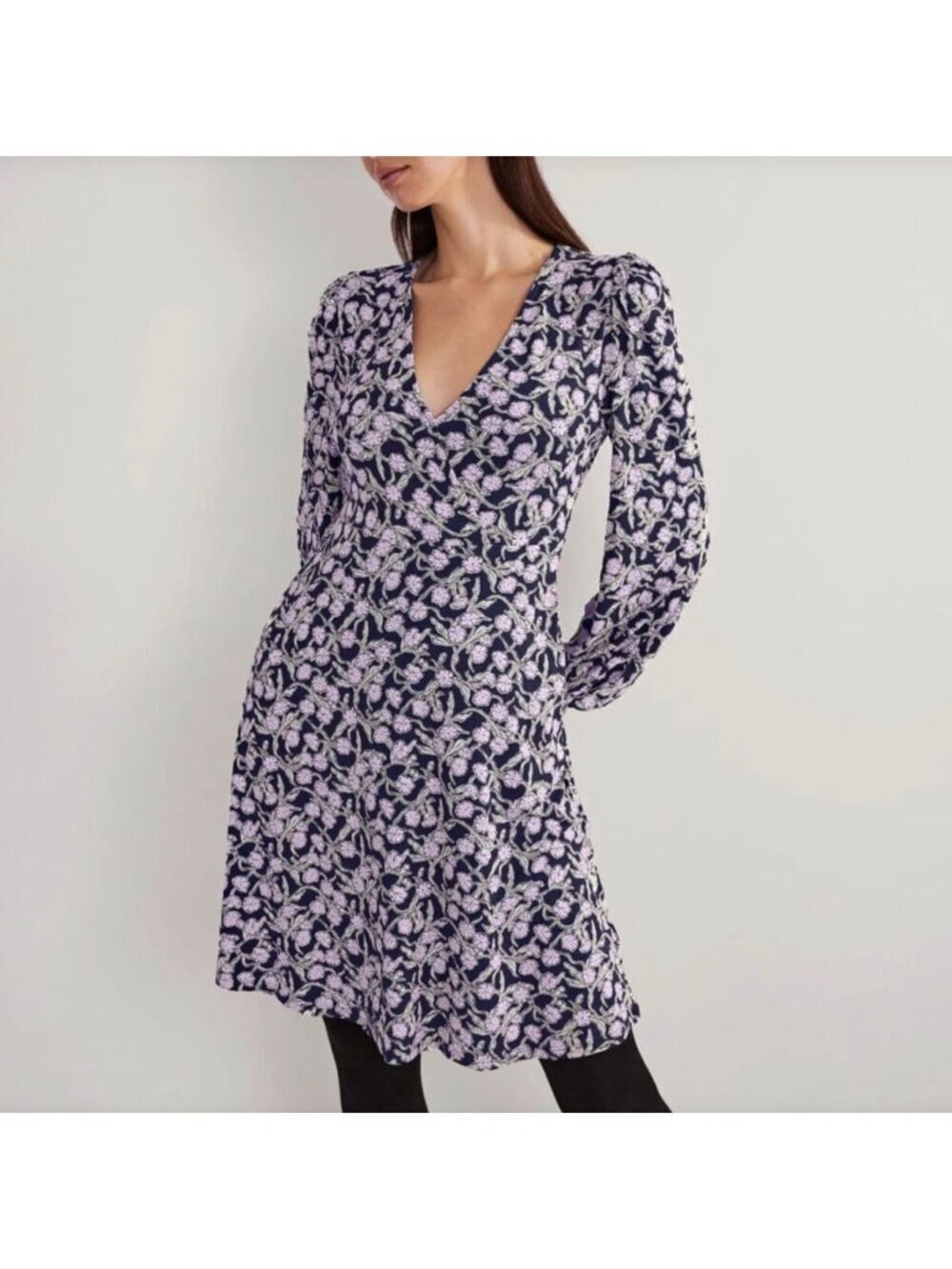 Boden Easy Fixed Floral Jersey Wrap Midi Dress Size 6R Purple Long Sleeve